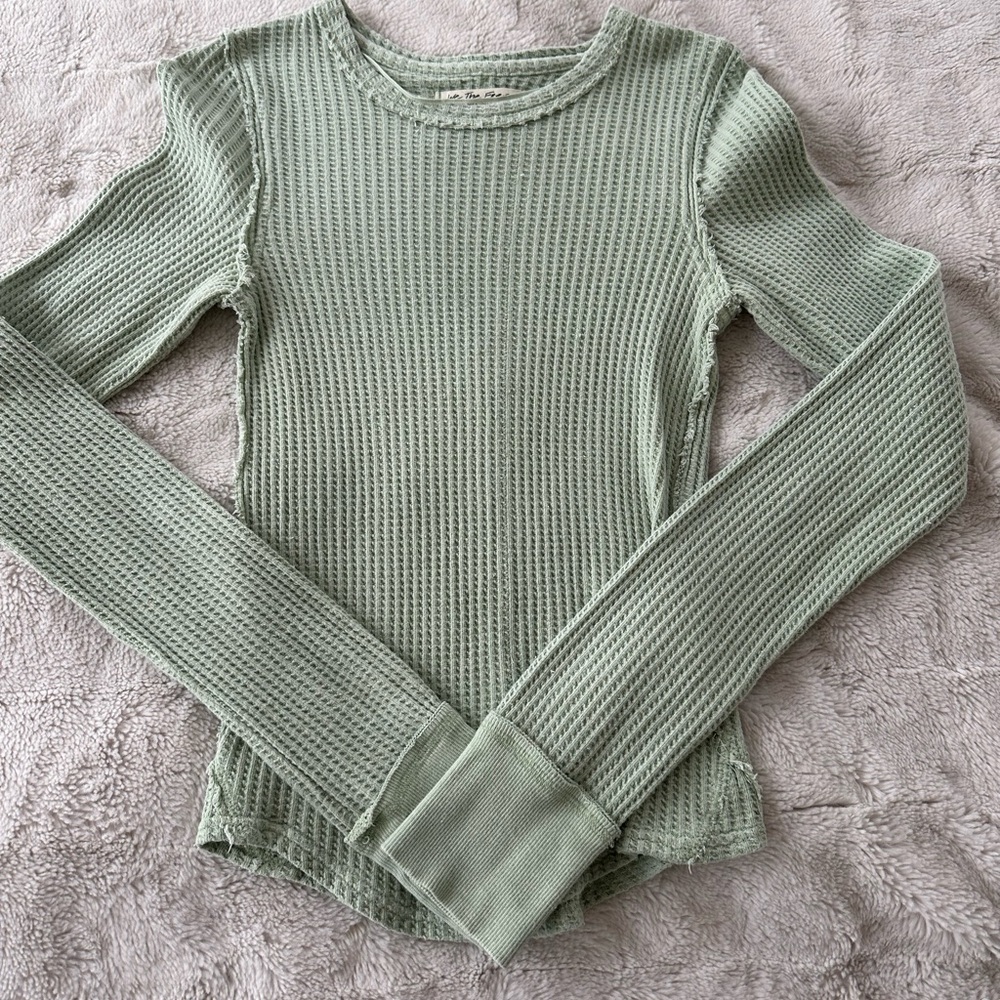 Free People Light Green Waffle Knit Long Sleeve Top